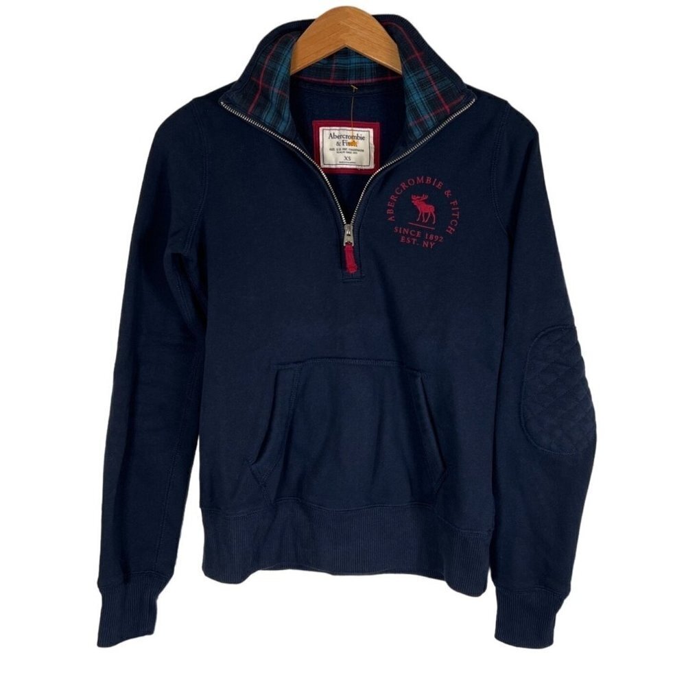 Albercrombie and Finch Mens Size XS Navy Fleece‎ Sweatshirt Zip Neck Tartan Trim